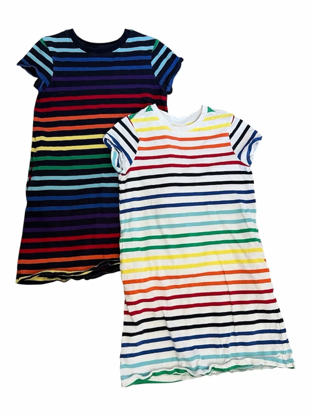 Primary Rainbow Stripe Short Sleeve Kids Dresses - Black & White Bases